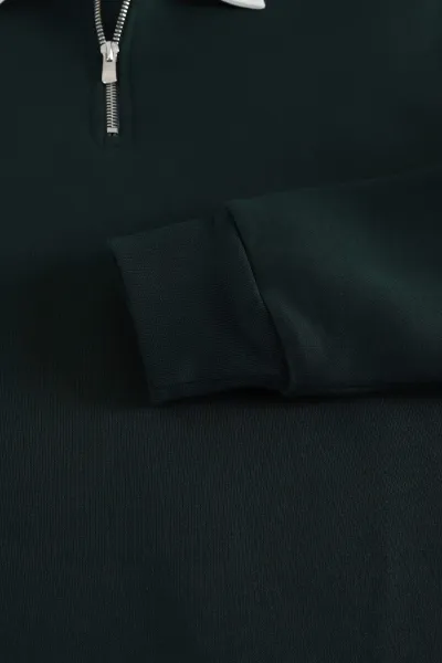 Yeşil Yarım Fermuarlı Üç İp Şardonlu Polo Yaka Erkek Sweatshirt 397110