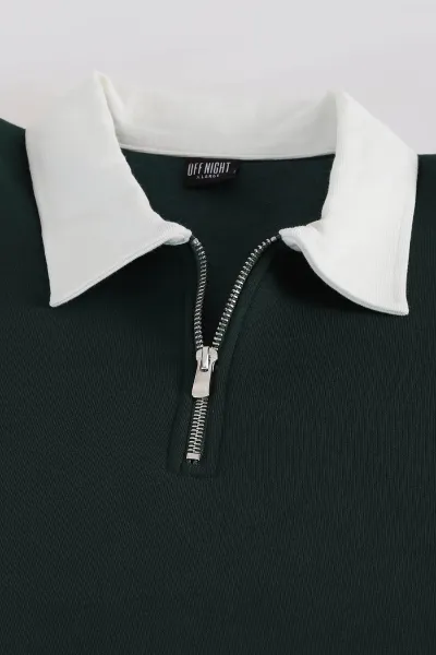 Yeşil Yarım Fermuarlı Üç İp Şardonlu Polo Yaka Erkek Sweatshirt 397110