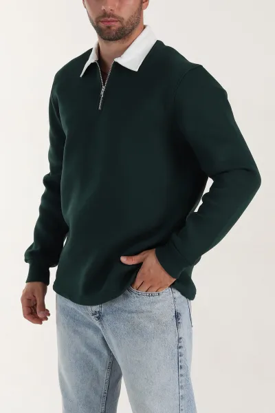 yesil-yarim-fermuarli-uc-ip-sardonlu-polo-yaka-erkek-sweatshirt-397110