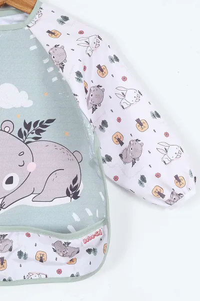 Yeşil Yatan Ayı Desenli Cep Detaylı Mama ve Aktivite Önlüğü 393992