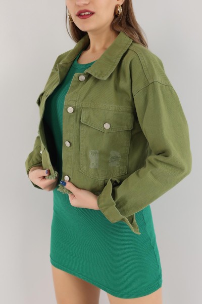 Yeşil Yırtık Tasarım Bayan Kot Ceket 165078