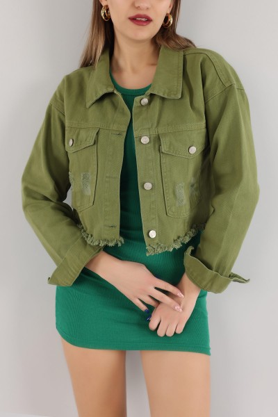Yeşil Yırtık Tasarım Bayan Kot Ceket 165078