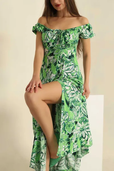 Yeşil Yırtmaçlı DesenLi Dokuma Elbise 270101
