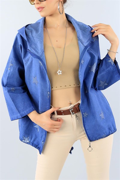 Yıldız Tasarımlı Bayan Mavi Keten Ceket 38526