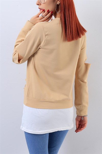 Yırtık Detay Garnili Bej Bayan Sweat 18964B