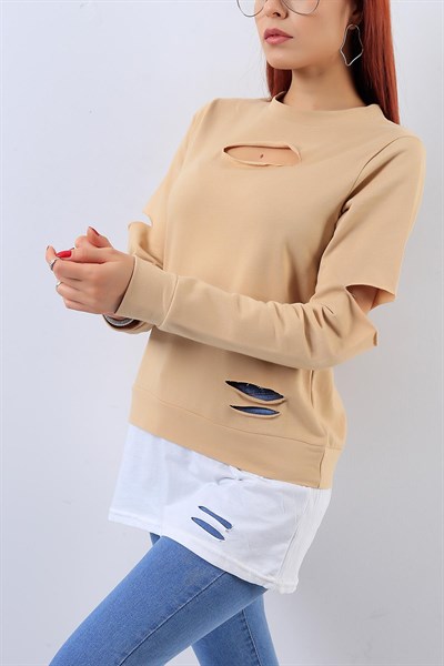 Yırtık Detay Garnili Bej Bayan Sweat 18964B