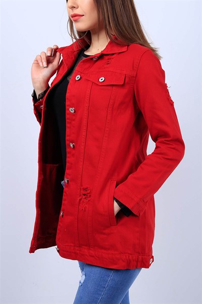 Yırtık Detay Kırmızı Bayan Kot Ceket 18817B