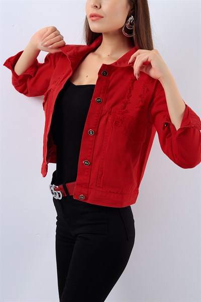 Yırtık Detaylı Kırmızı Bayan Kot Ceket 18893B