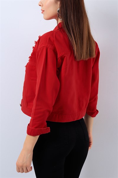Yırtık Detaylı Kırmızı Bayan Kot Ceket 18893B