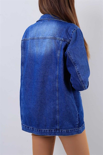 Yırtık Detaylı Koyu Mavi Bayan Kot Ceket 16949B