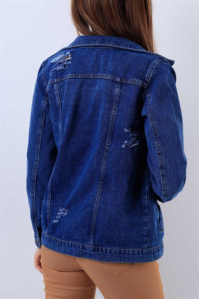 Yırtık Detaylı Mavi Bayan Kot Ceket 17266B
