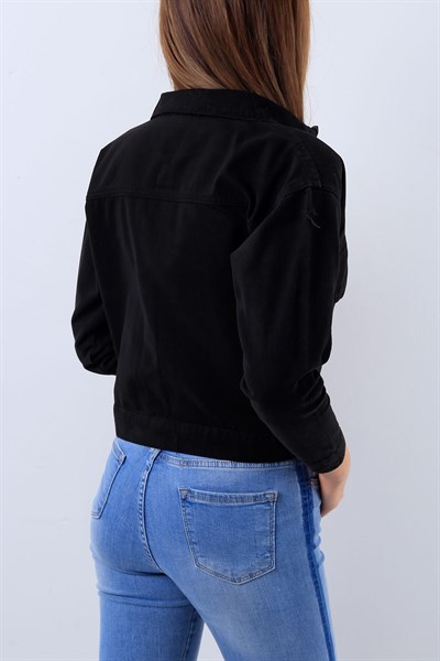 Yırtık Detaylı Siyah Bayan Kot Ceket 17750B