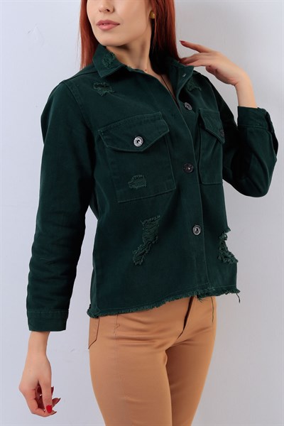 Yırtık Detaylı Yeşil Bayan Kot Ceket 19010B