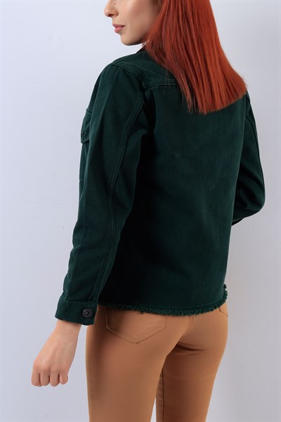 Yırtık Detaylı Yeşil Bayan Kot Ceket 19010B