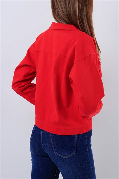 Yırtık Kırmızı Bayan Kot Ceket 17080B