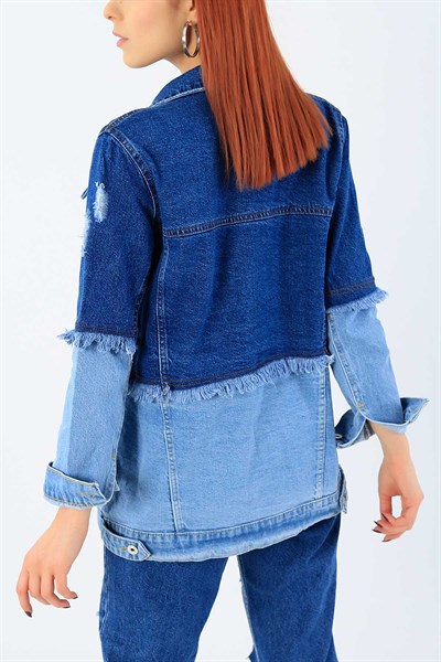 Yırtık Tasarımlı Mavi Bayan Kot Ceket 27752B