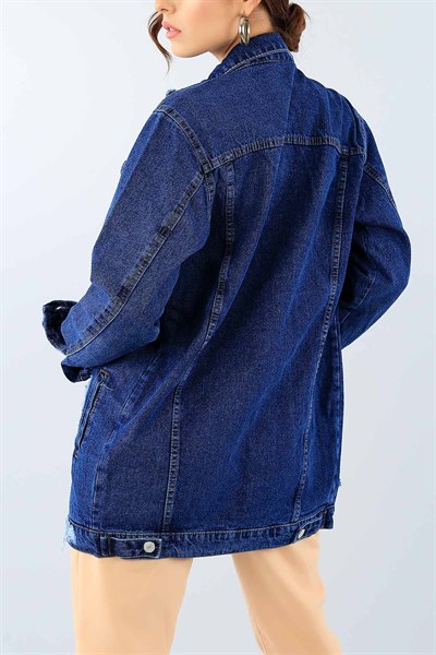Yırtık Tasarımlı Mavi Bayan Kot Ceket 38767