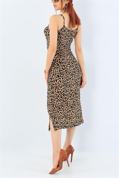 Yırtmaçlı Leopar Desenli Askılı Elbise 33765