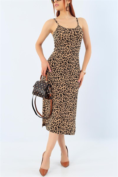 Yırtmaçlı Leopar Desenli Askılı Elbise 33765