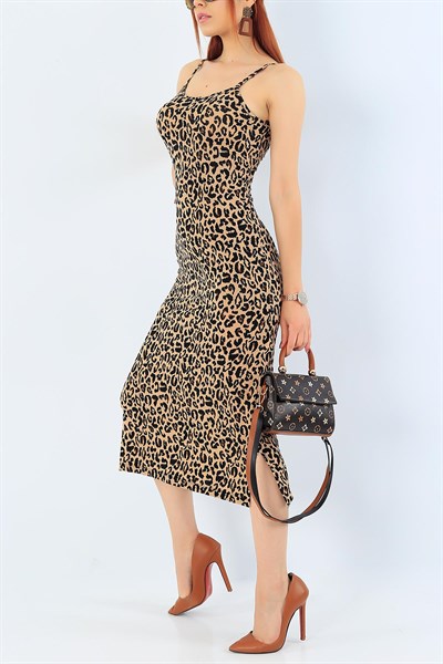 Yırtmaçlı Leopar Desenli Askılı Elbise 33765