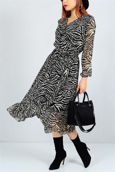 Zebra Desenli Astarlı Krem Şifon Elbise 23482B