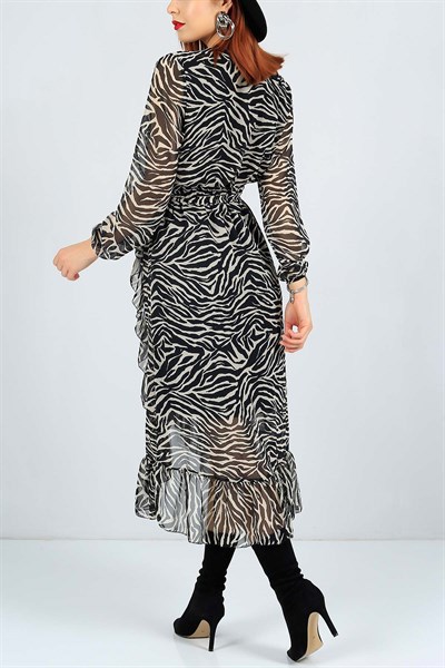 Zebra Desenli Astarlı Krem Şifon Elbise 23482B