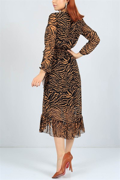 Zebra Desenli Astarlı Taba Şifon Elbise 23483B