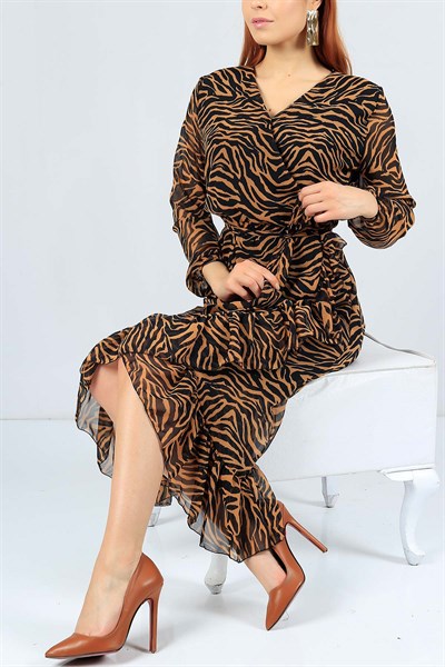Zebra Desenli Astarlı Taba Şifon Elbise 23483B
