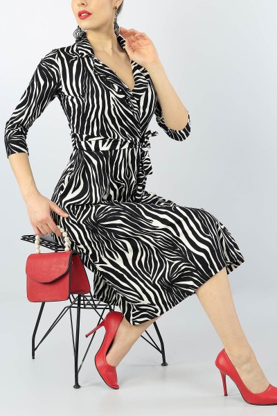 Zebra Desenli Kemerli Pamuklu Kruvaze Elbise 53279