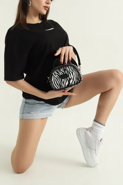 Zebra Desenli Mini Boy Fermuarlı Kadın El ve Omuz Çantası 338222