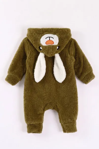 Zeytin (0-12 Ay) Kapüşonu Tavşan Nakışlı  Peluş Unisex Bebek Tulum 495383