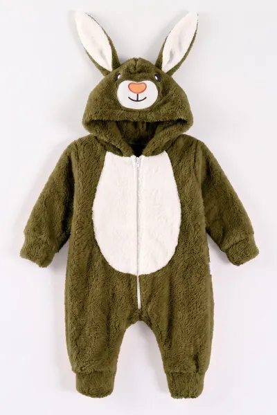 Zeytin (0-12 Ay) Kapüşonu Tavşan Nakışlı  Peluş Unisex Bebek Tulum 495383
