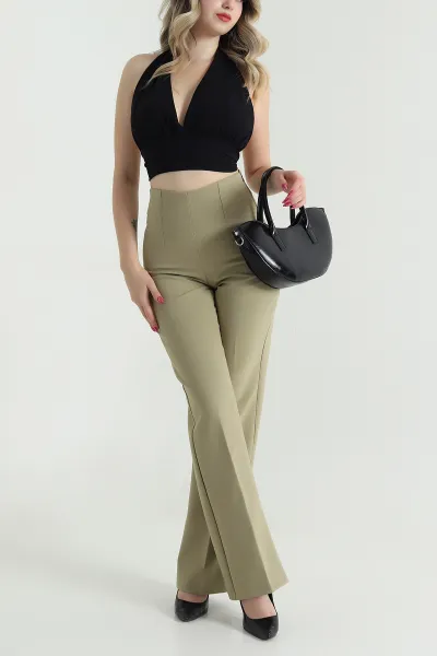 Zeytin Fermuarlı Atlas Palazzo Kadın Pantolon 475539