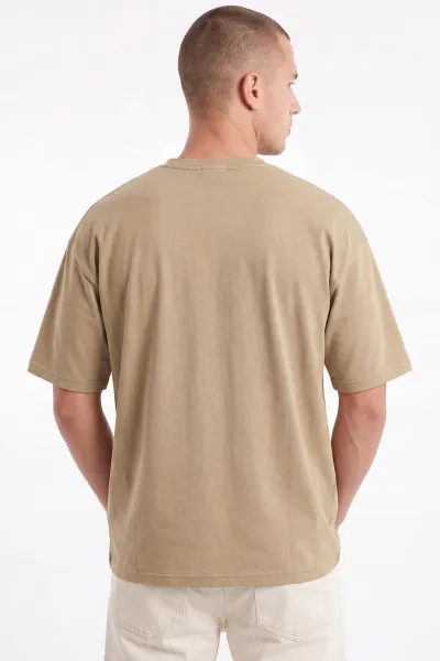 Zeytin Oversize Bisiklet Yaka Yazı Detaylı Erkek Tişört 465425