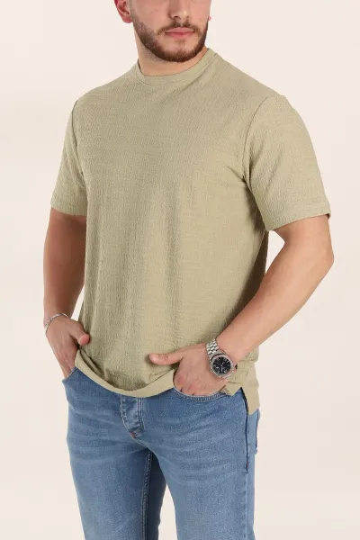 Zeytin Relaxed Fit Kabartma Desenli Basic Erkek Tişört 358108