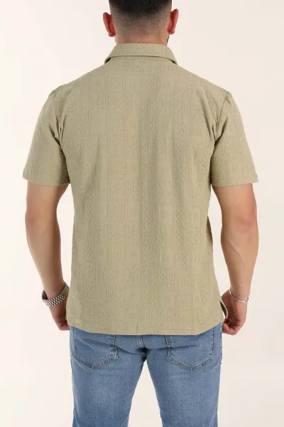 Zeytin Relaxed Fit Kabartma Desenli Düğmeli Polo Yaka Erkek Tişört 358080