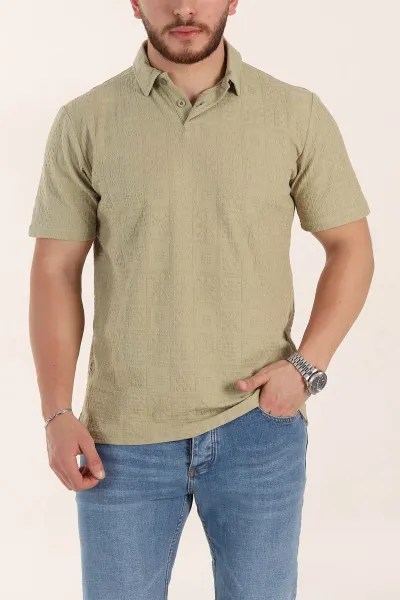 Zeytin Relaxed Fit Kabartma Desenli Düğmeli Polo Yaka Erkek Tişört 358080