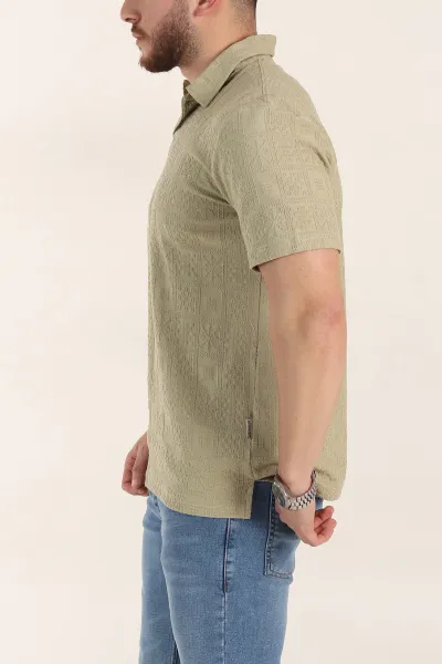 Zeytin Relaxed Fit Kabartma Desenli Düğmeli Polo Yaka Erkek Tişört 358080