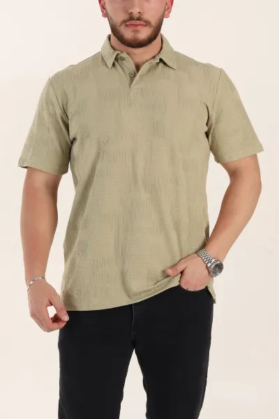Zeytin Relaxed Fit Kabartma Desenli Düğmeli Polo Yaka Erkek Tişört 358190