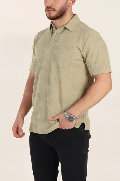 Zeytin Relaxed Fit Kabartma Desenli Düğmeli Polo Yaka Erkek Tişört 358190