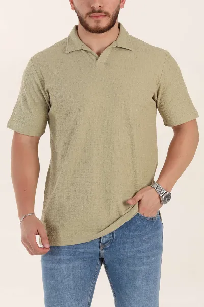 Zeytin Relaxed Fit Kabartma Desenli Patlı Polo Yaka Erkek Tişört 358281