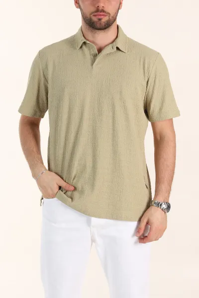 Zeytin Relaxed Fit Kabartma Dokulu Düğmeli Polo Yaka Erkek Tişört 358229