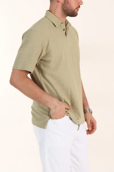 Zeytin Relaxed Fit Kabartma Dokulu Düğmeli Polo Yaka Erkek Tişört 358229