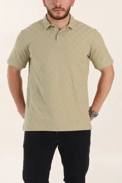 Zeytin Relaxed Fit Kare Dokulu Düğmeli Polo Yaka Erkek Tişört 358173