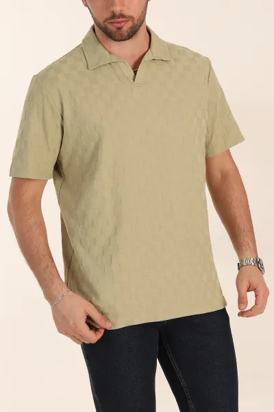 Zeytin Relaxed Fit Kare Dokulu Patlı Polo Yaka Erkek Tişört 358035
