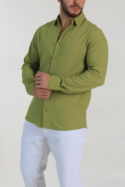Zeytin Slim Fit Petek Dokulu Uzun Kollu Erkek Gömlek 325213