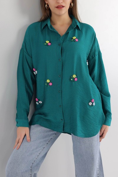 Zümrüd Yeşili İşlemeli Tasarım Bayan Aerobin Gömlek 165393