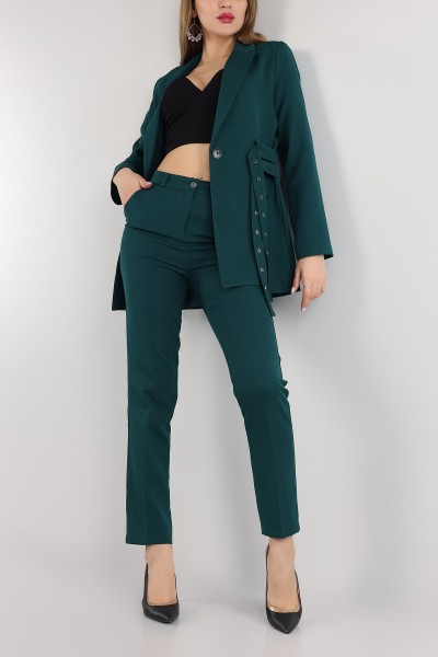 Zümrüd Yeşili Kendinden Kemerli Ceket Pantolon Bayan İkili Takım 166111