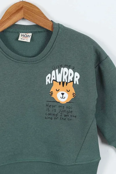 Zümrüt Yeşili (0-4 Yaş)Rawr Baskılı  3  İp Şardonlu Erkek Çocuk Sweatshirt 415033