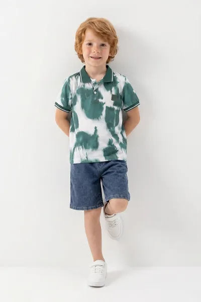 Zümrüt Yeşili (1-9 Yaş)Polo Yaka Düğmeli Kot Şortlu Erkek Çocuk Takım 462769